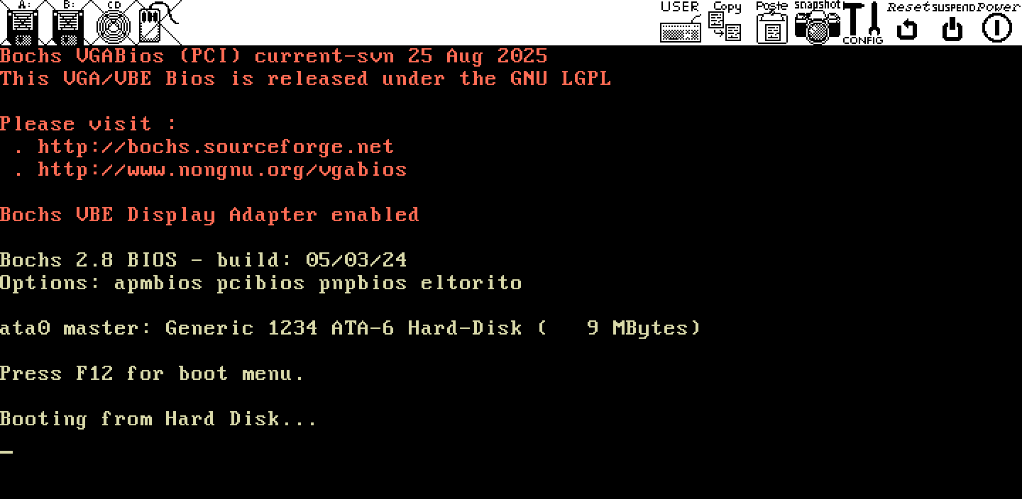 Bochs stopped at 0x7C00: the VGA BIOS and Bochs BIOS banners, then "Booting from Hard Disk..."