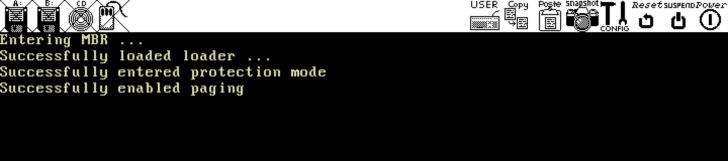 Bochs: Entering MBR, Successfully loaded loader, Successfully entered protection mode, Successfully enabled paging