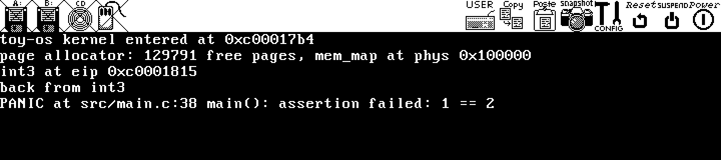 Bochs: kernel entered, page allocator line, int3 at eip 0xc0001815, back from int3, PANIC at src/main.c:38 main(): assertion failed: 1 == 2