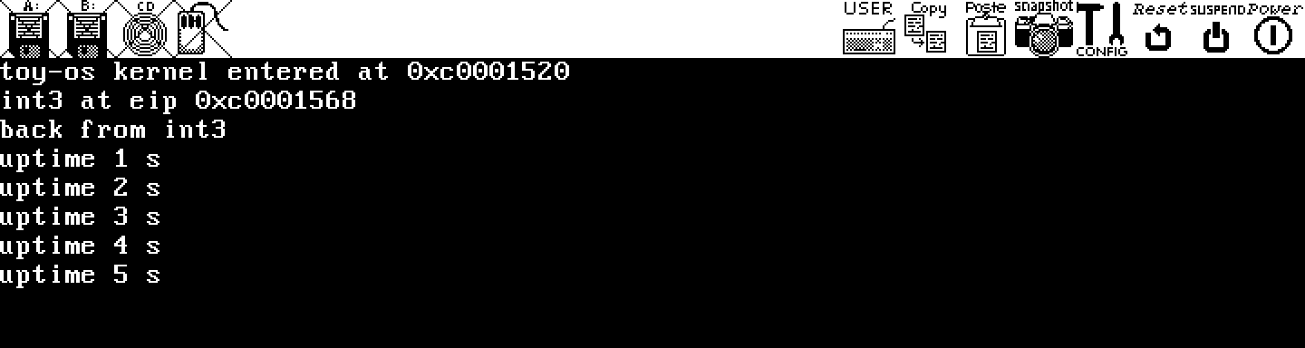 Bochs: kernel entered, int3 at eip, back from int3, then uptime 1 s to uptime 5 s