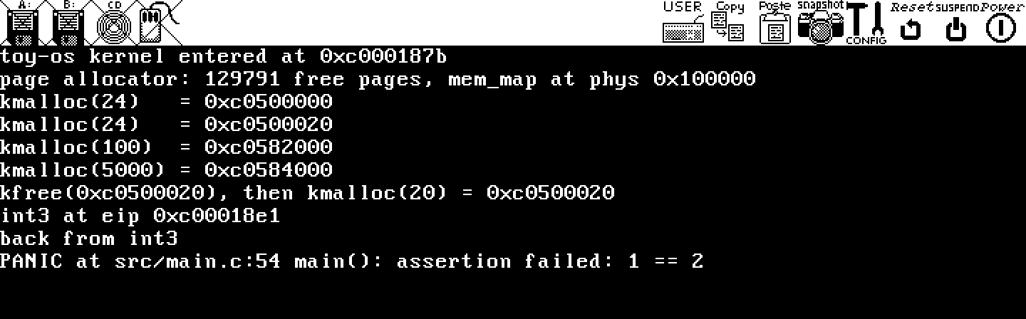 Bochs: kmalloc(24) = 0xc0500000, kmalloc(24) = 0xc0500020, kmalloc(100) = 0xc0582000, kmalloc(5000) = 0xc0584000, kfree(0xc0500020), then kmalloc(20) = 0xc0500020
